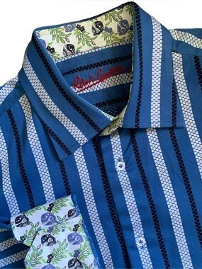 Robert Graham Skull Floral Flip Cuff Striped Button Up Long Sleeve Shirt Size 16